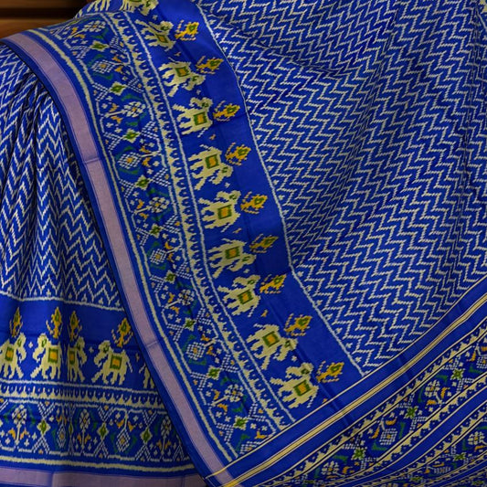 Royal Blue Zig Zag Laheriya Skirt Hathi Border Pallu Ghughro (LP) Single Ikat Rajkot Patola Saree