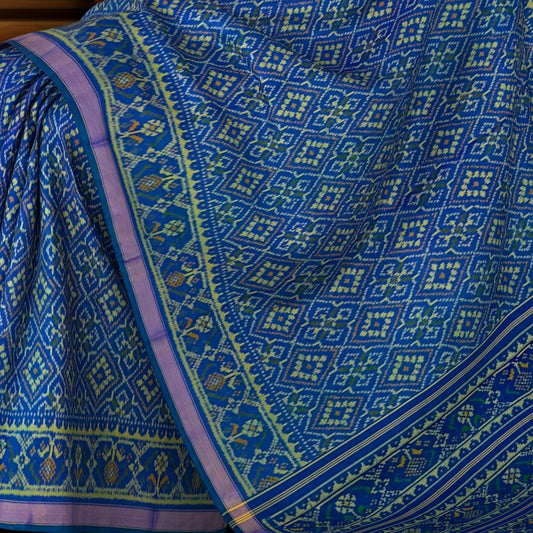 Green Blue Chandabhat Border Pallu Ghughro (LP) Single Ikat Rajkot Patola Saree