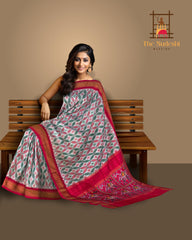 White and Red Tussar Pochampalli Saree