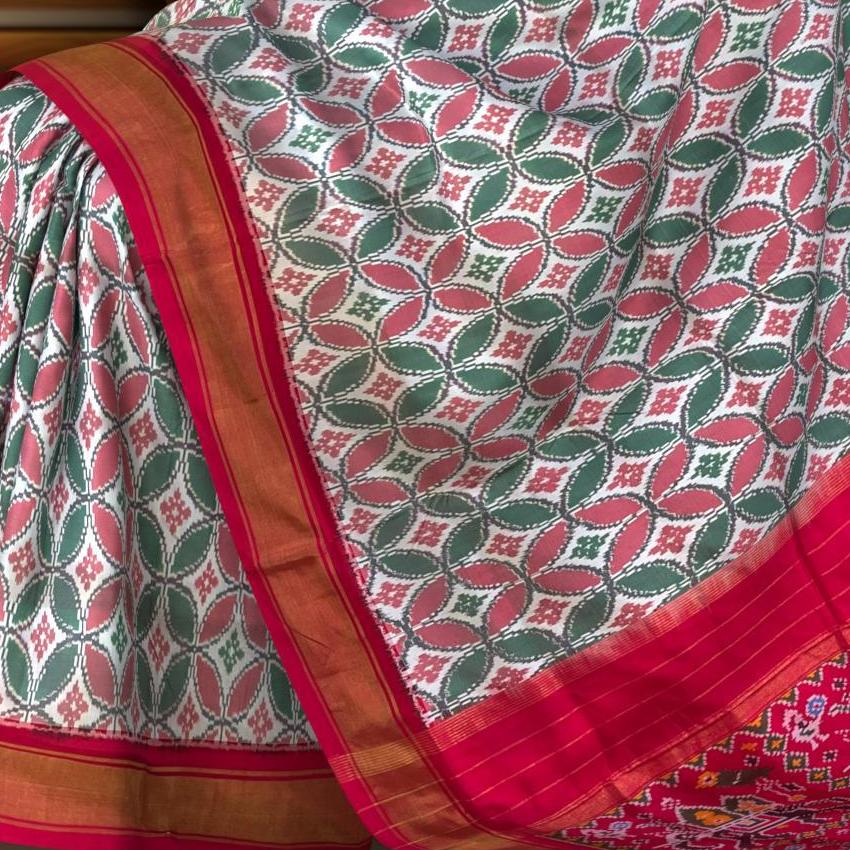 White and Red Tussar Pochampalli Saree