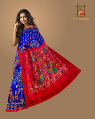 Royal Blue and Red Contemporary Pochampalli Saree