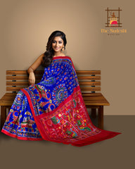 Royal Blue and Red Contemporary Pochampalli Saree