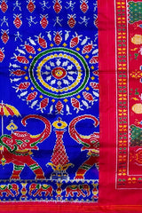 Royal Blue and Red Contemporary Pochampalli Saree