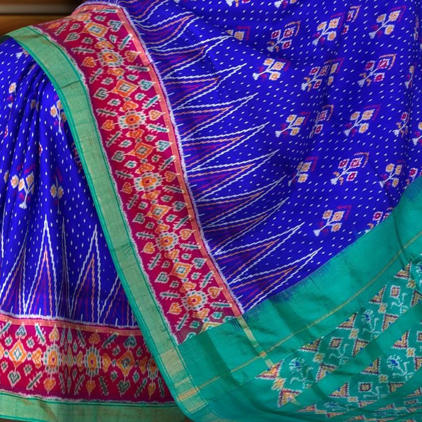 Royal Blue and Sea Green Temple Patola Pochampalli Saree