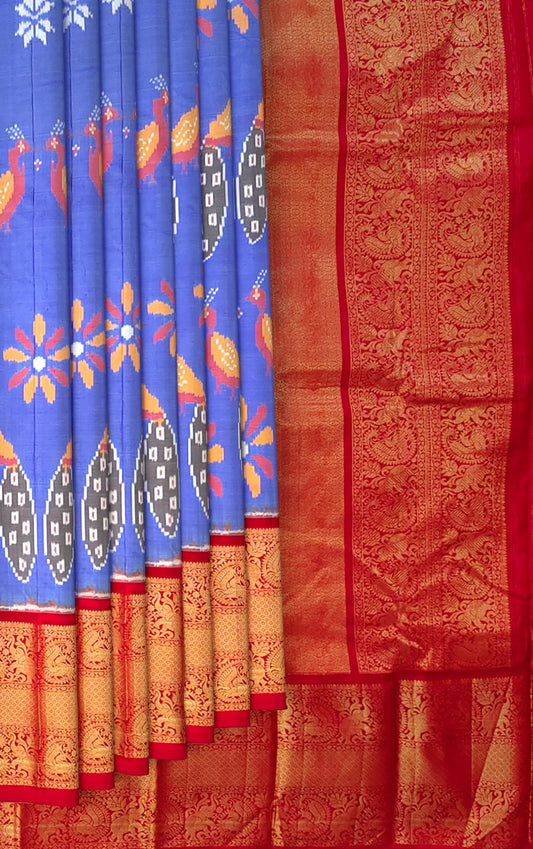 Iris Blue and Red Peacock Design Pochampalli Saree