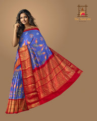 Iris Blue and Red Peacock Design Pochampalli Saree