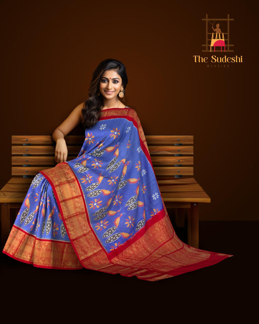 Iris Blue and Red Peacock Design Pochampalli Saree