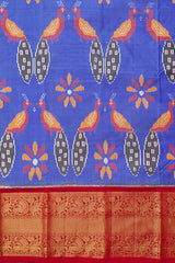 Iris Blue and Red Peacock Design Pochampalli Saree