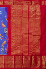 Iris Blue and Red Peacock Design Pochampalli Saree