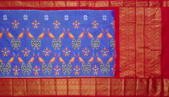 Iris Blue and Red Peacock Design Pochampalli Saree