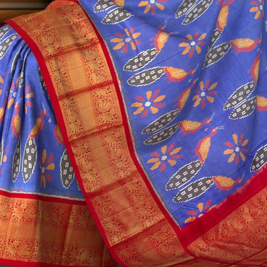 Iris Blue and Red Peacock Design Pochampalli Saree