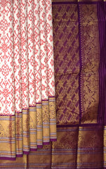 White and Deep Purple Kanchi Border Pochampalli Saree