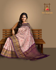 White and Deep Purple Kanchi Border Pochampalli Saree