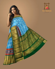 Sky Blue and Green Chevron Design Pochampalli Saree