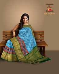 Sky Blue and Green Chevron Design Pochampalli Saree