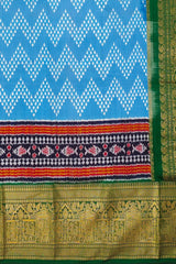 Sky Blue and Green Chevron Design Pochampalli Saree