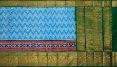 Sky Blue and Green Chevron Design Pochampalli Saree