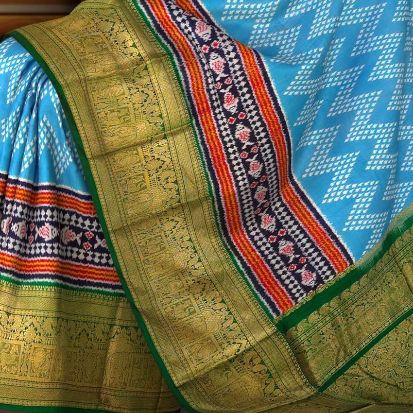 Sky Blue and Green Chevron Design Pochampalli Saree