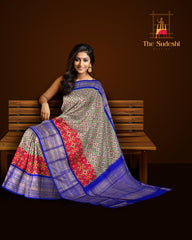 White and Blue Rajasthan Design Pochampalli Saree