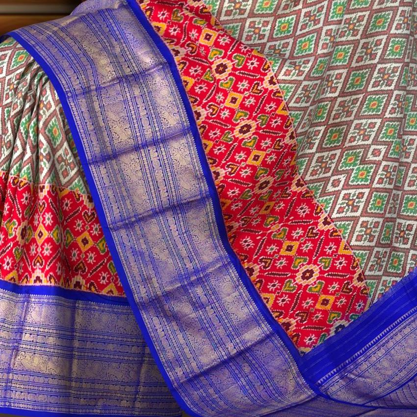 White and Blue Rajasthan Design Pochampalli Saree