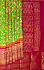 Lime Green and Pink Pan Patola Pochampalli Saree