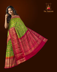 Lime Green and Pink Pan Patola Pochampalli Saree