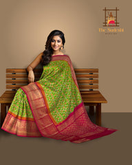 Lime Green and Pink Pan Patola Pochampalli Saree