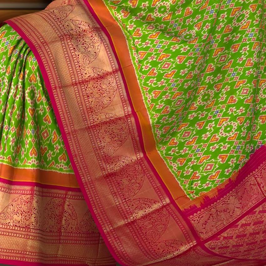 Lime Green and Pink Pan Patola Pochampalli Saree