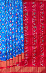 Blue Pochampalli Single Ikat Handloom Silk Saree with Contrast Red Border, Pallu and Blouse