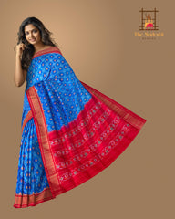 Blue Pochampalli Single Ikat Handloom Silk Saree with Contrast Red Border, Pallu and Blouse