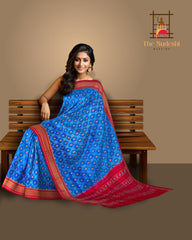 Blue Pochampalli Single Ikat Handloom Silk Saree with Contrast Red Border, Pallu and Blouse