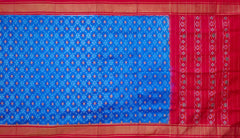 Blue Pochampalli Single Ikat Handloom Silk Saree with Contrast Red Border, Pallu and Blouse