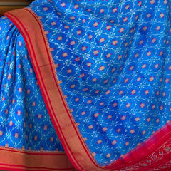 Blue Pochampalli Single Ikat Handloom Silk Saree with Contrast Red Border, Pallu and Blouse