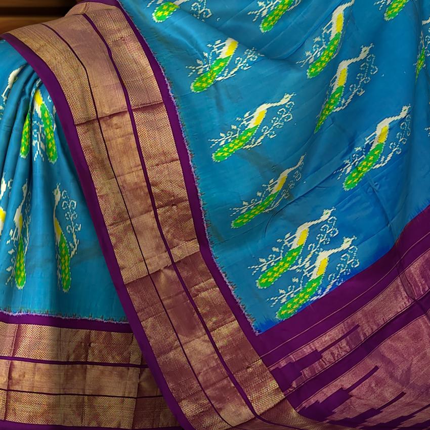 Sky Blue and Purple Peacock Design Single Ikat Handloom Pochampally Saree