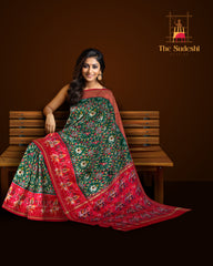 Dark Green and Red Patola Design Single Ikat Handloom Pochampally Saree