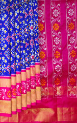 Royal Blue and Pink Kaddi Border Single Ikat Handloom Pochampally Saree