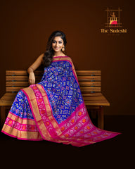 Royal Blue and Pink Kaddi Border Single Ikat Handloom Pochampally Saree