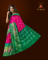 Pink and Green Tissue Single Ikat Handloom Pochampally Saree