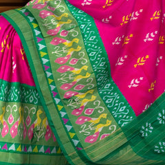 Pink and Green Tissue Single Ikat Handloom Pochampally Saree