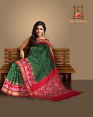 Green Red Pochampally Single Ikat Handloom Saree