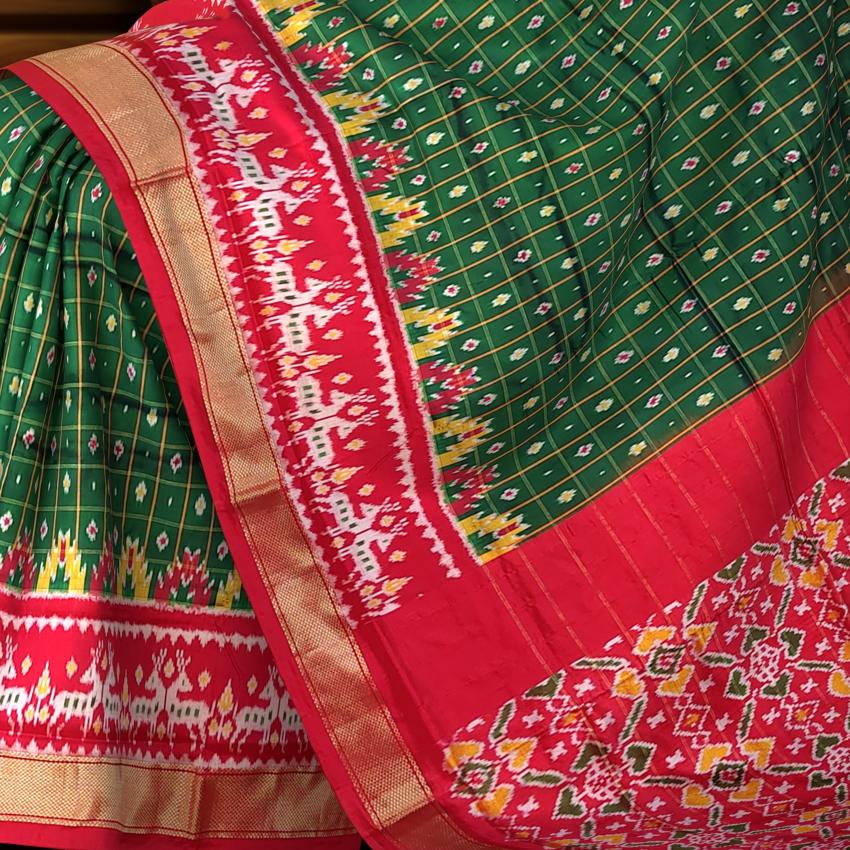 Green Red Pochampally Single Ikat Handloom Saree