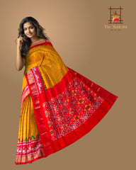 Golden Yellow Red Pochampally Single Ikat Handloom Saree