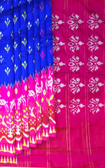 Blue Pink Pochampally Single Ikat Handloom Saree