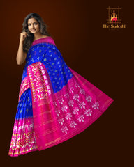 Blue Pink Pochampally Single Ikat Handloom Saree