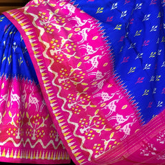 Blue Pink Pochampally Single Ikat Handloom Saree