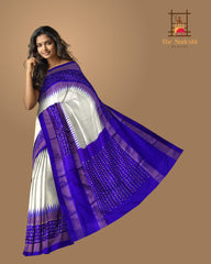 White Purple Pochampally Single Ikat Handloom Saree