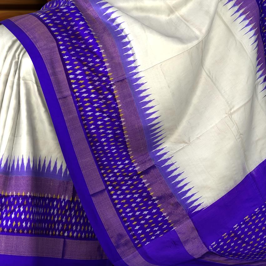 White Purple Pochampally Single Ikat Handloom Saree