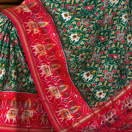 Green Orange Single Ikat Handloom Saree from Pochampally