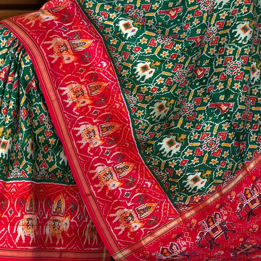 Green Orange Pochampally Single Ikat Handloom Saree