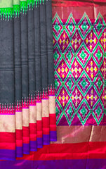 Black Pochampally Ikat Saree with Multi-Color Border and Ganga Jamuna Kanchi Pallu